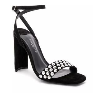 Tony Bianca Sebastian Black Kid Suede Studded Ankle Strap Heeled Sandal 10